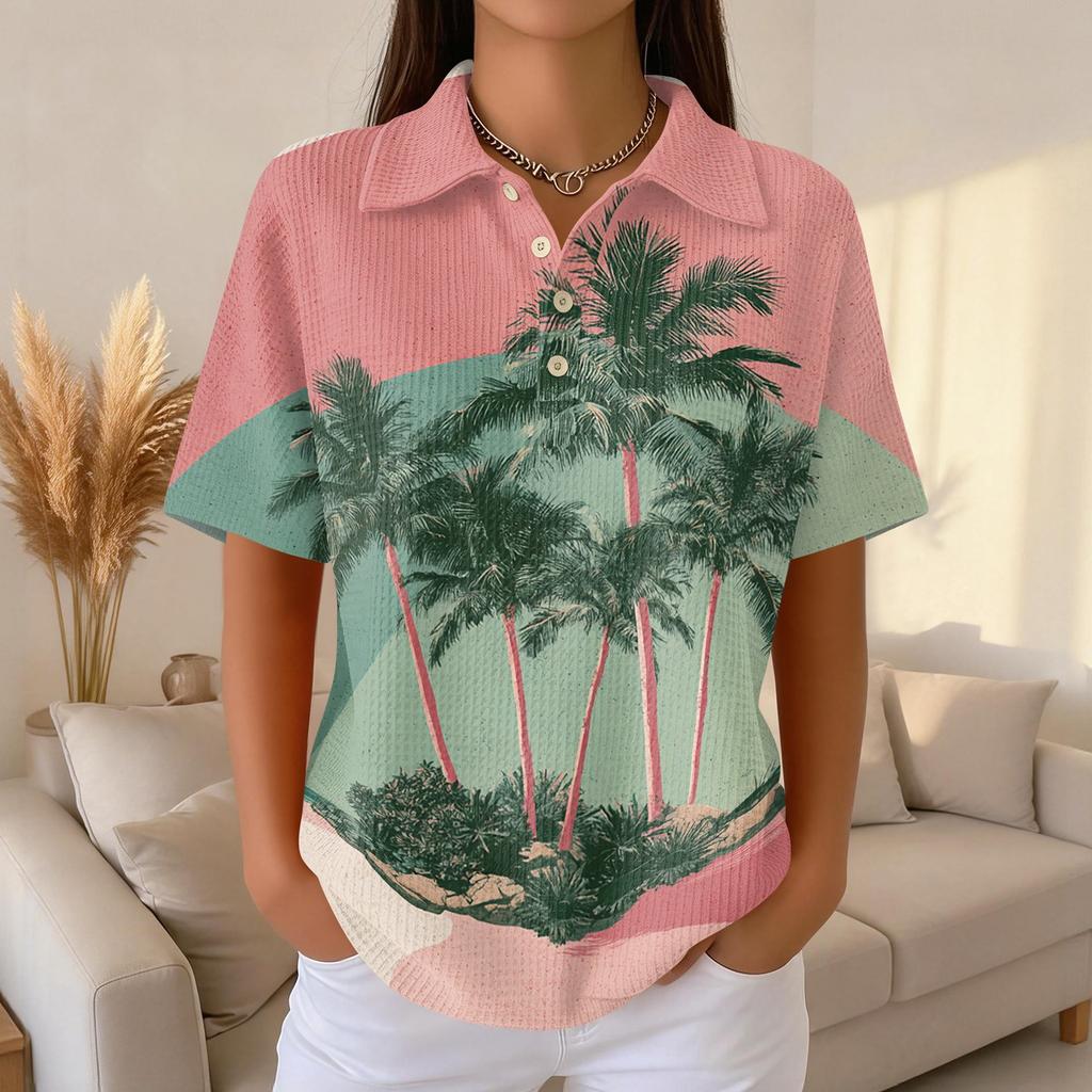 Women Casual Short Sleeve Hawaiian Print Waffle Knit Polo Shirt Lightweight Breathable Summer Top Relaxed Fit
