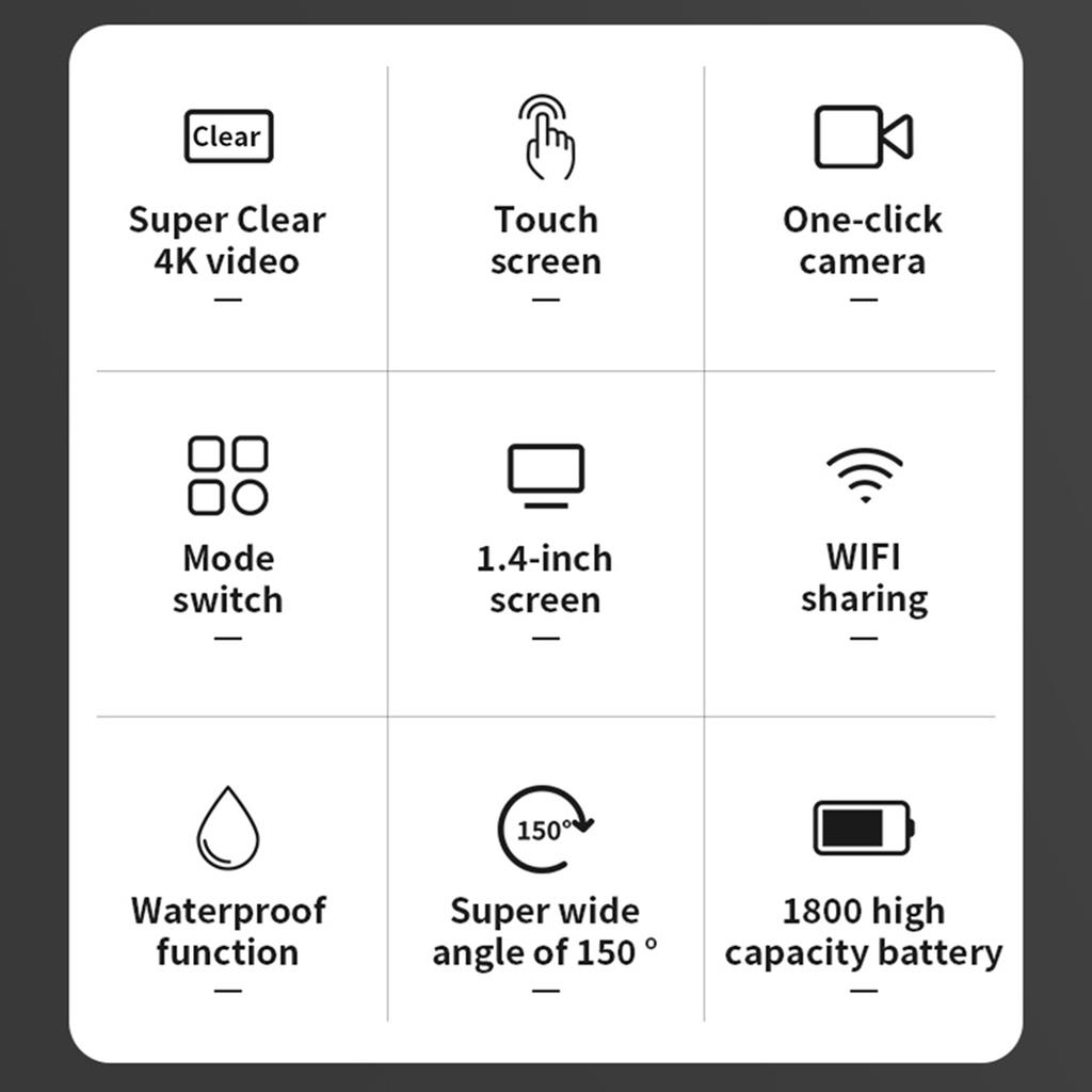 4K Action Camera Sports Camera with WiFi 150 Wide Angle Lens 1.4 Inch   IPX6 Waterproo Support Smartphone APP Control, Record 4K High Reso