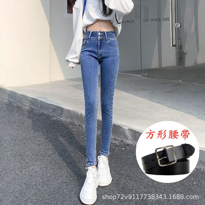 Blue-gray jeans women's high waist and thin, autumn and winter velvet new elastic and tight small feet pencil pants
