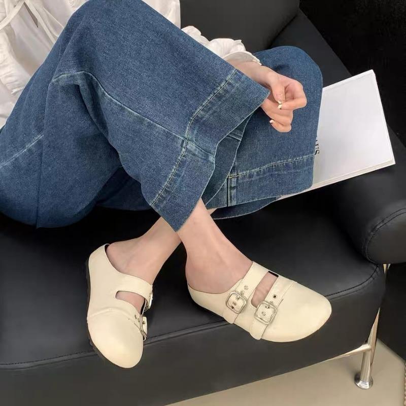 Fashion Spring Baotou Slippers for Women Round Head Shallow Mouth Rivet Metal Buckle Soft Soled Non-slip Wear-resistant Flat Shoes