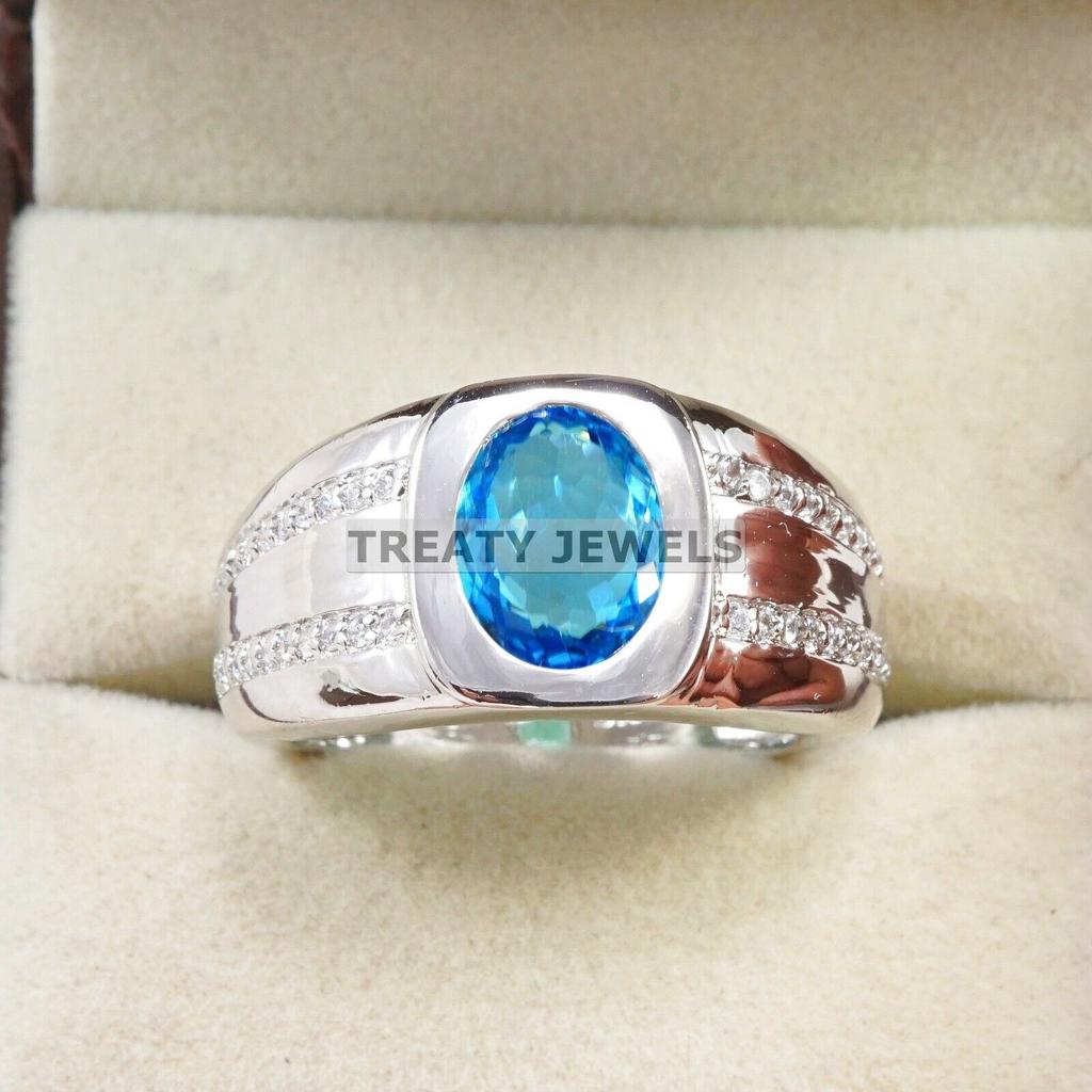 Blue Topaz Oval Cut Gemstone With 925 Sterling Silver Ring For Men's #A900 JL375669063883