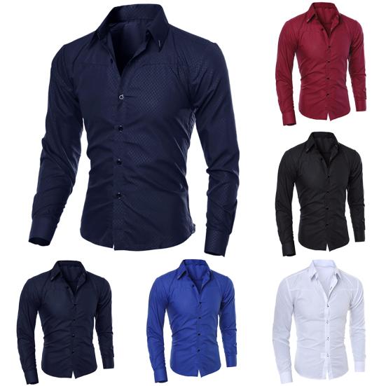 Men Fashion Solid Color Turn Down Collar Long Sleeve Slim Fit Blouse Shirt Top