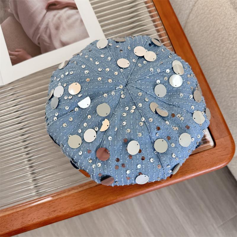 Fashionable Beret Hat For Women Summer With Sparkling Crystals Stylish Cloud Hat Head-widening Face-enhancing Trendy Artist Hat