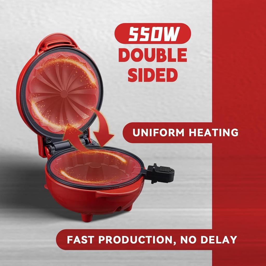 Mini výrobník na dortíky, Přenosný mini výrobník na bábovky s oboustranným ohřevem, Elektrické výrobníky na cupcaky na snídaňové dorty a svačiny (Červené)