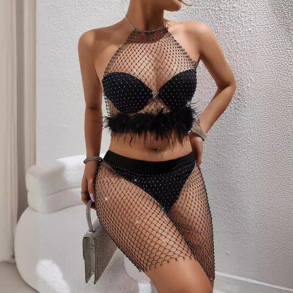 Clothes hot-selling rhinestone fishing net fashion backless neck sling skirt set of the same material