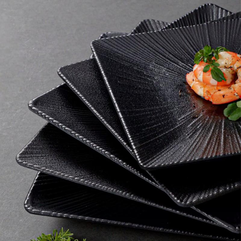 Runder, gestreifter, schwarzer Essteller aus Kunststoff, Melamingeschirr in Lebensmittelqualität, für Grillabende, Fleisch, Buffetteller, Snacks, Küche zu Hause