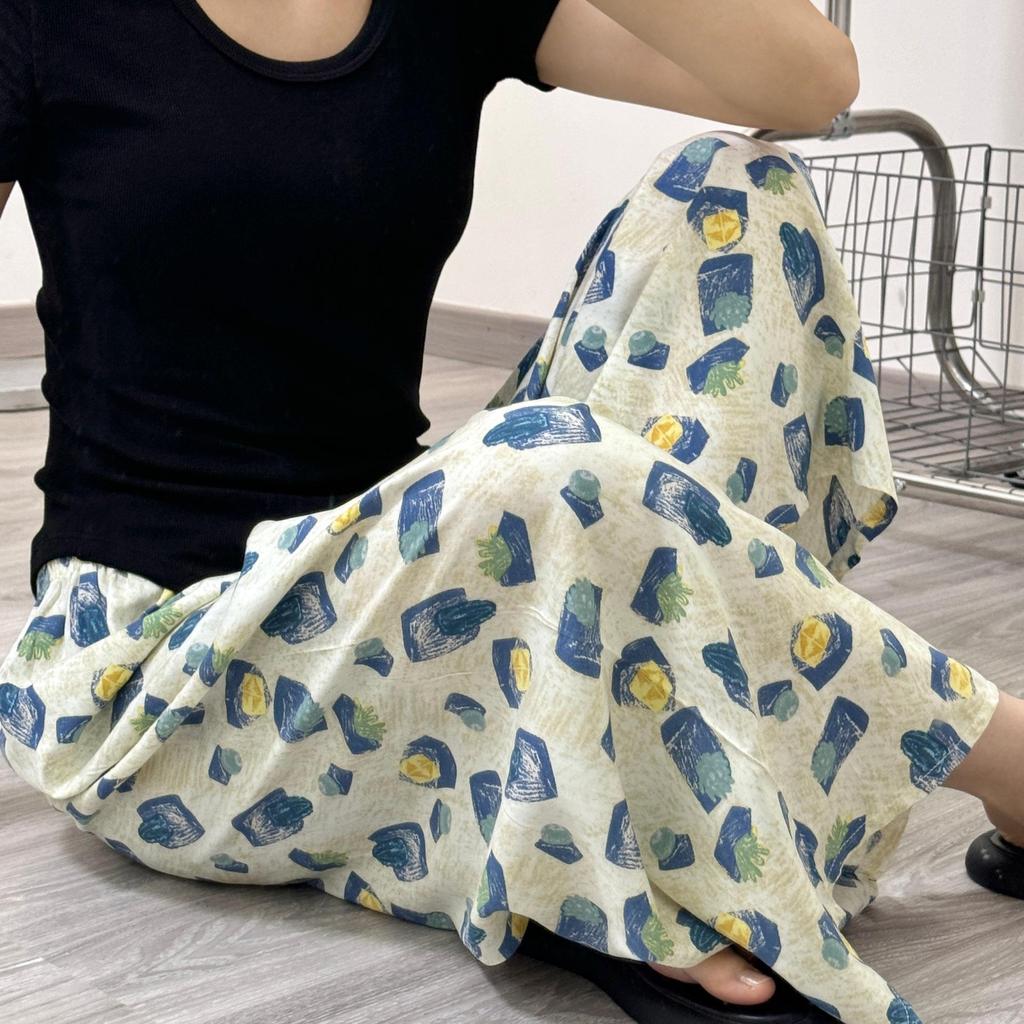 Dámské letní bavlněné a hedvábné pyžamo - Lehké kalhoty se širokými nohavicemi, Trendy viskóza, Nadměrná velikost, Vhodné k nošení venku
