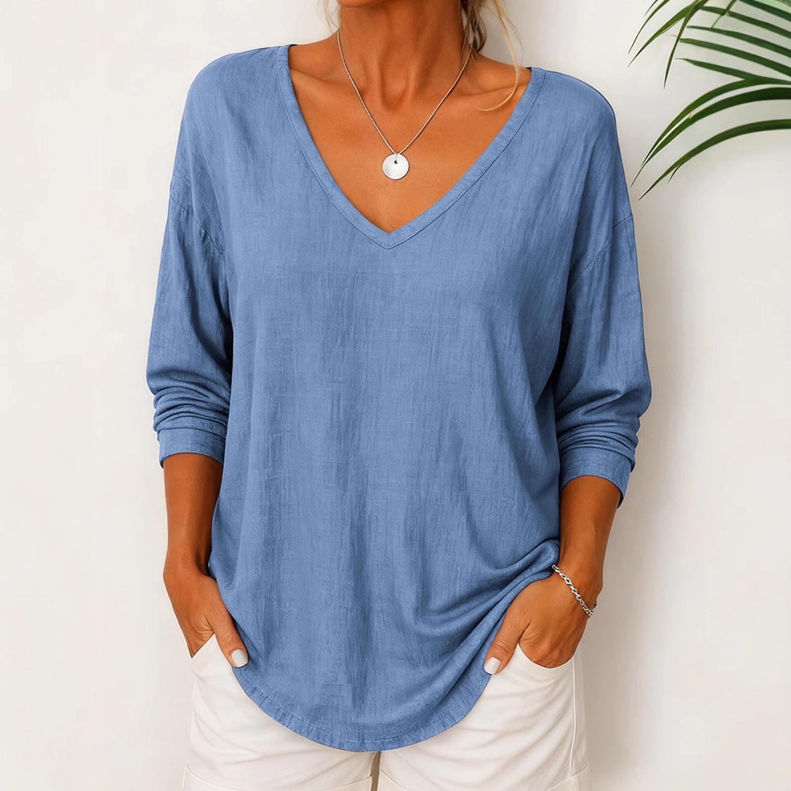 

Women s Fashionable Solid Color V-neck Loose Casual Long Sleeved Pullover T-shirt Top XL