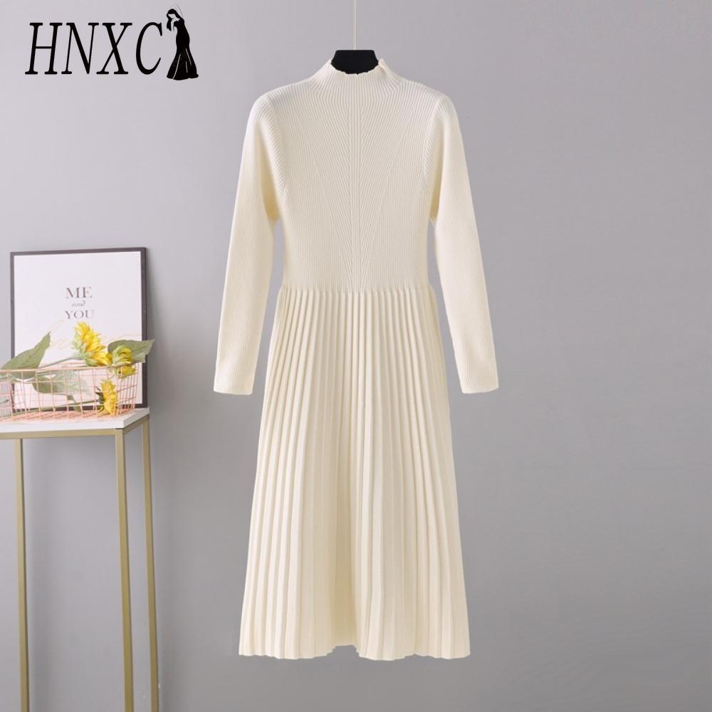 

HNXC Женское осенне-зимнее простое трикотажное платье-свитер с длинным рукавом и высокой талией one size бежевый