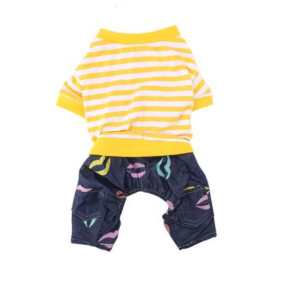 Hund Welpe Katze Gestreifter Pyjama Jumpsuit Kleintier Baumwollkleidung Kostüm(Gelb+Weiß L)