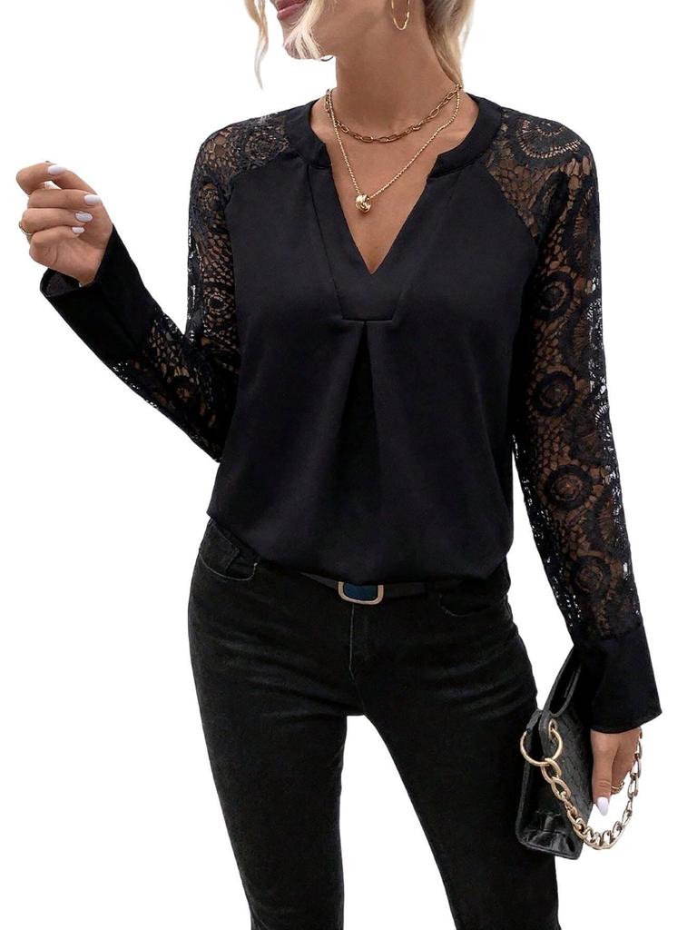 V-neck Patchwork Embroidery Lace Long Sleeve Women's Spring/Summer Top