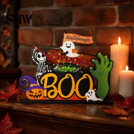 Rustic Halloween Home Accents Tabletop Decor Signs, Pumpkin Ghost Gnome Wood Centerpiece Blocks, Spooky Indoor Autumn Seasonal Party Tiered Tray Table