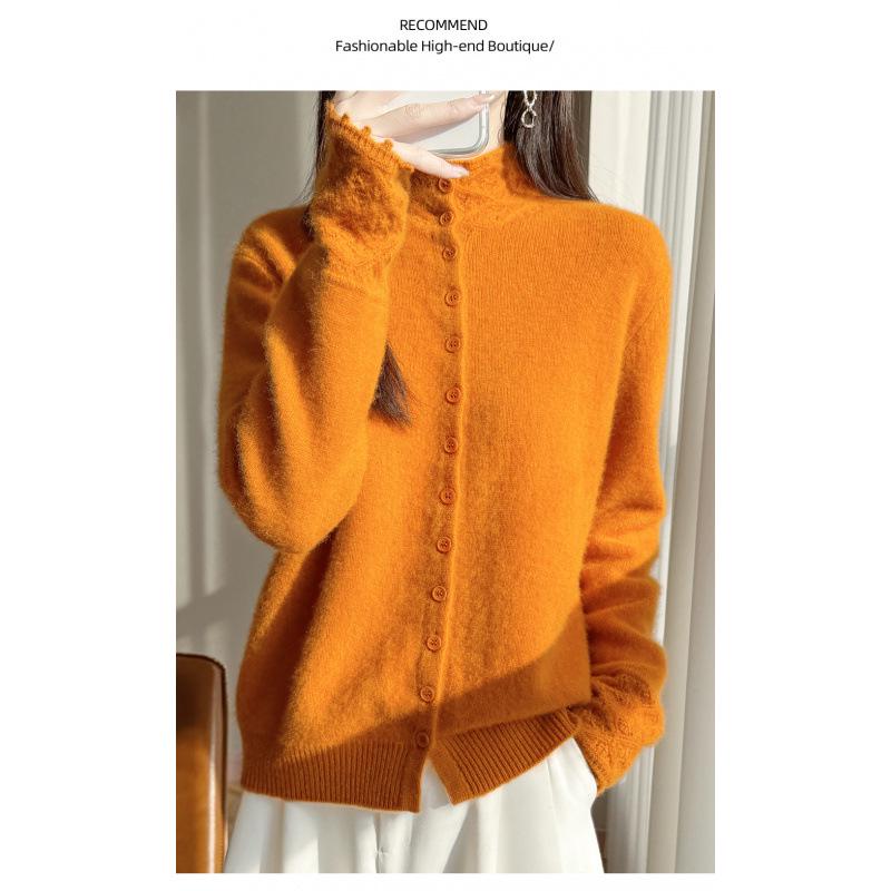 Women's 100% Wool Half-High Collar Crochet Cardigan - New Year Knit Cashmere Sweater