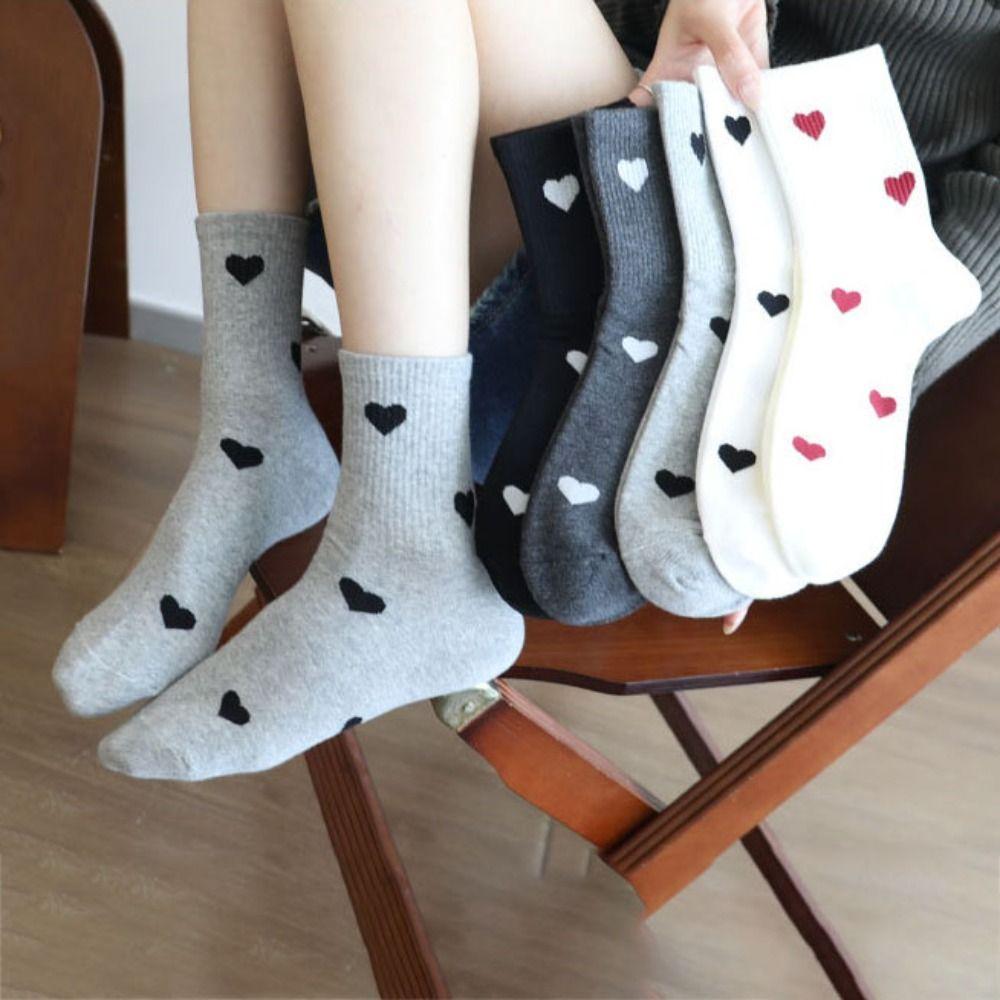 5Pairs Harajuku Patchwork Color Socks Heart Pattern Mid Tube Socks Love Mid-Calf Socks Sports