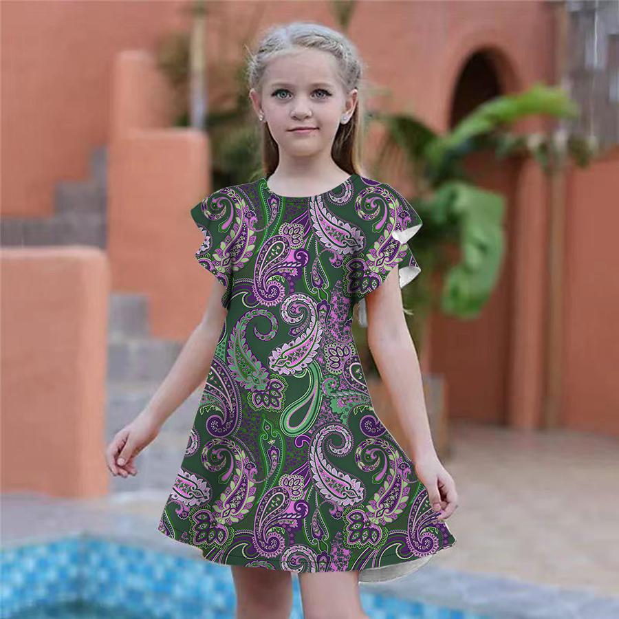 Girls Golden Cashews Print Dresses Kids Girl Party Dress Loose Fitting Loose Fitting Short Sleeved Skirt For Girls Over Four Years Old