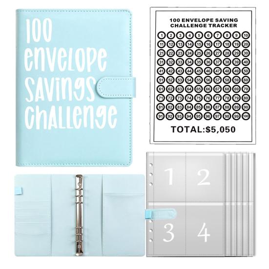 100 Envelope Savings Challenge Kit PU Binder with Numbered Pockets And Progress Trackers A5 Budget Planner for Couples Individuals