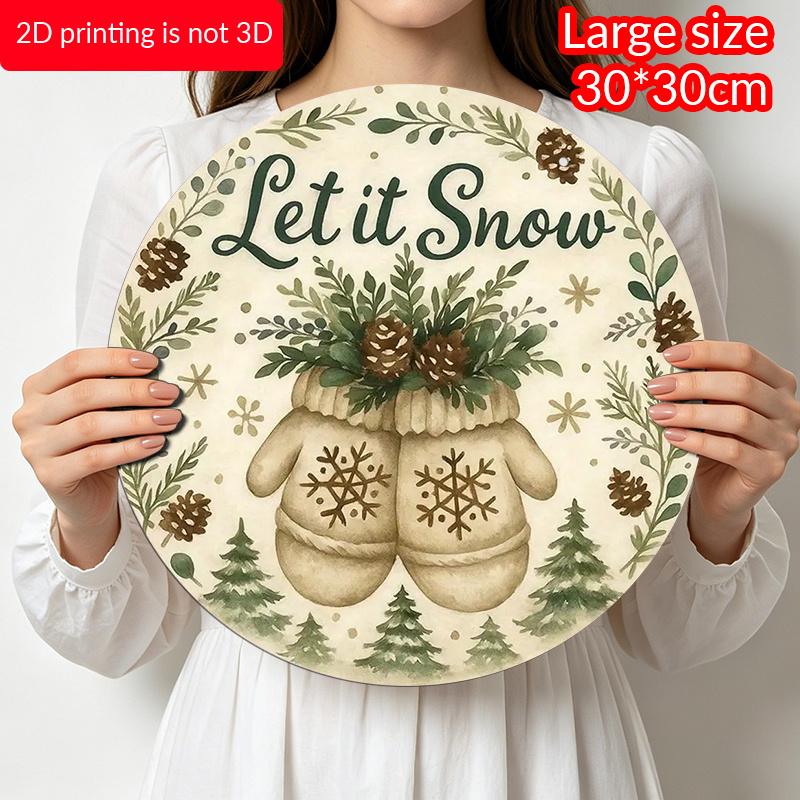 2D Flat, 1pc Winter Snowflake and Pine Tree Aluminum Wall Decor - Let It Snow Sign, Soft Green, Beige, Brown & Other Colors - Pre-Drilled Holes