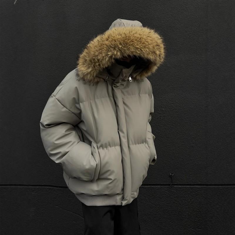 Detachable Faux Fur Hooded Puffer Jacket Men Women Winter Thick Warm PU Cotton Coat Couple Style