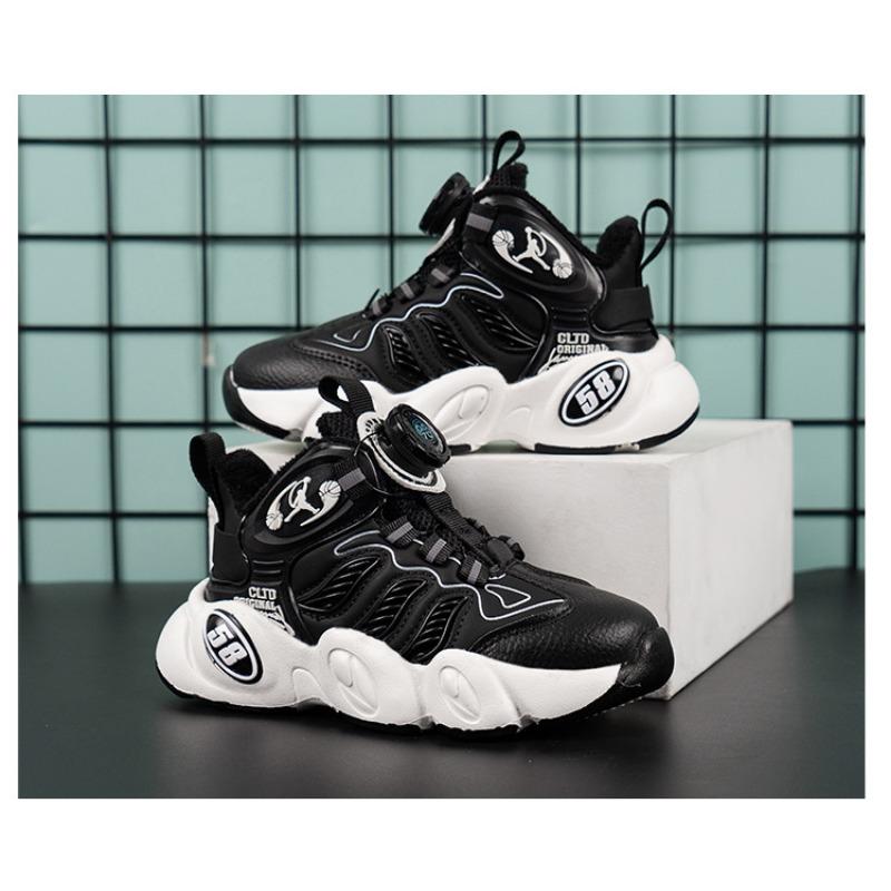 Boys' Shoes Autumn and Winter New Two Cotton Plus Fleece Warm Children's Sports Shoes Rotating Buttons Large Children's Basketball Shoes