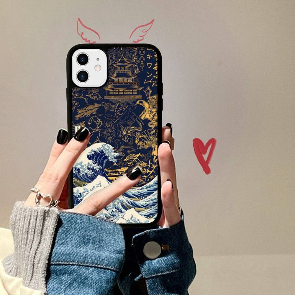 Japanese Waves PC+TPU Phone Case For IPhone 11 12 13 14 15 16 17 Plus Pro Max Cover
