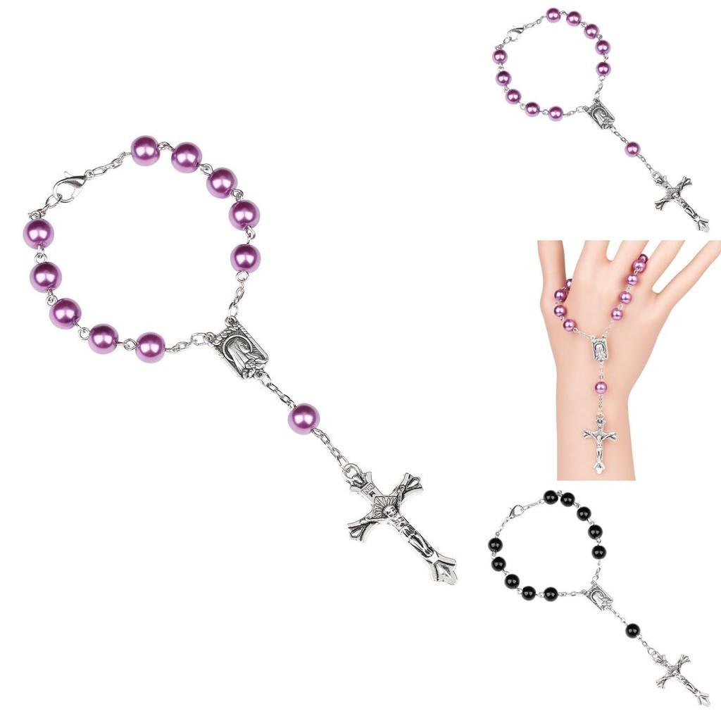 Purple Glass Pearl Rosary Bracelet With Cross Pendant Religious Jewelry