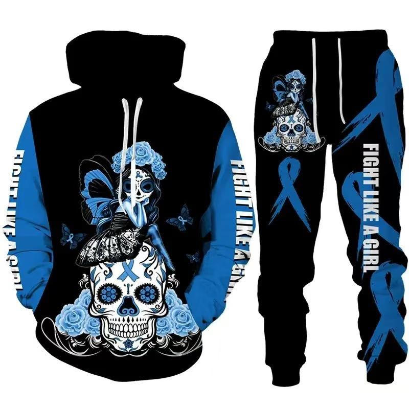 Hot Sale, Stylish 3D Skull Print Punk Sportswear, Pants Hoodie Couple Suit Street Trend