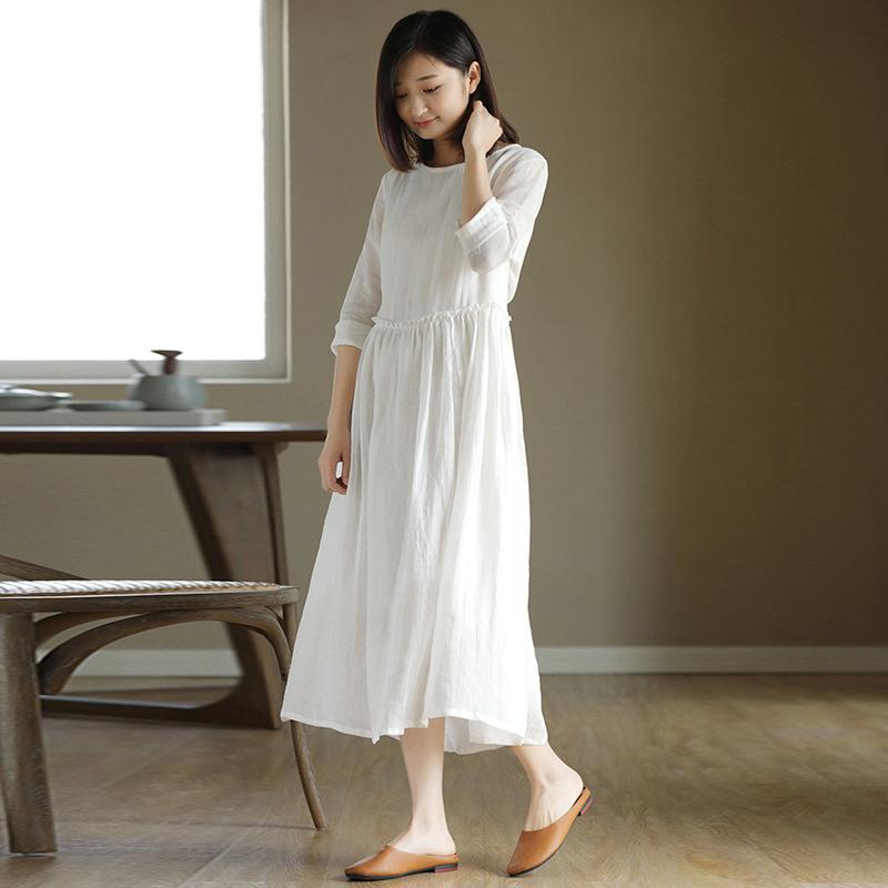 2025 New Summer Cotton and Linen Dress Women's High Waist and Thin Loose Retro Seven-quarter Sleeve Round Neck Long Dress