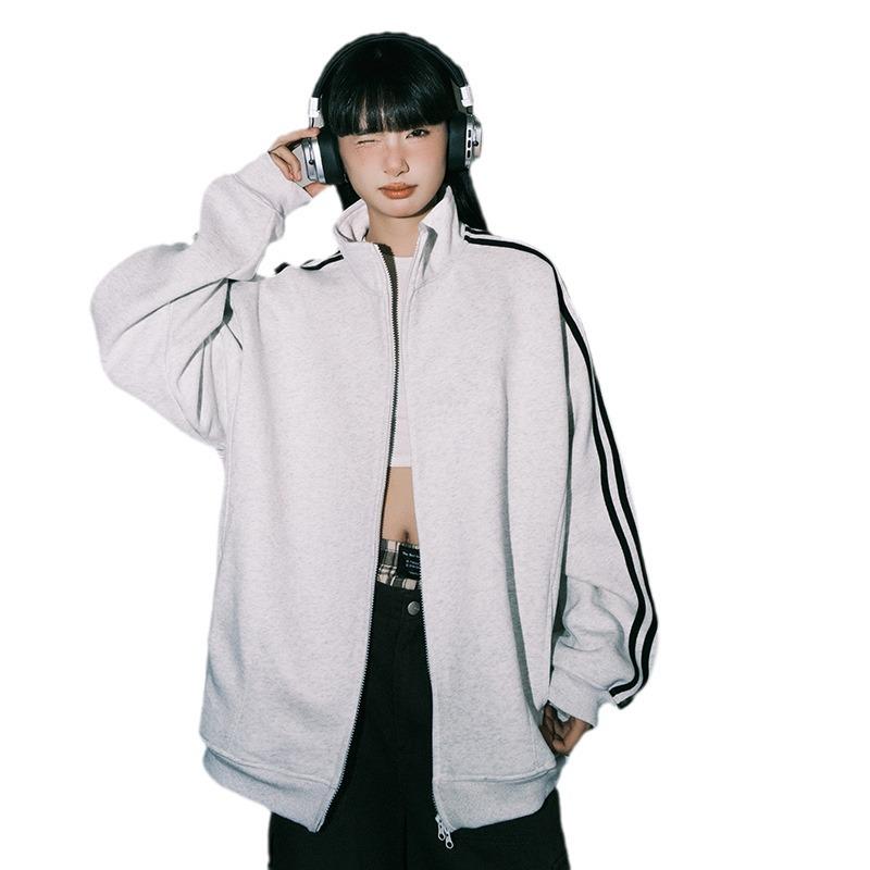 Men's Trendy Striped Stand Collar Jacket for Spring/Autumn - Contrast Color Three-Stripe Cardigan Sweater for Couples.