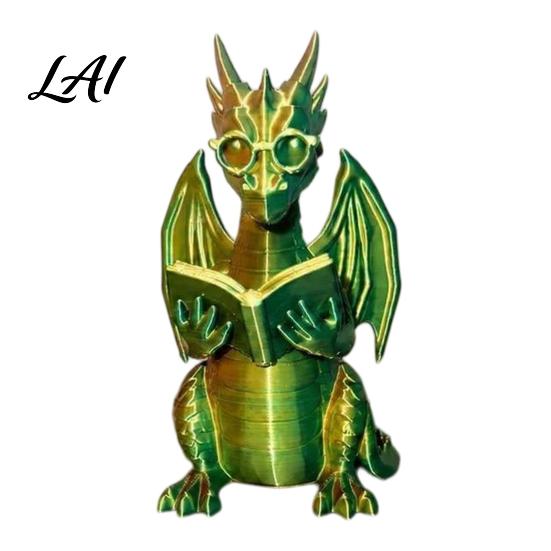 Whimsical Desk Accessory Reading Dragon Figurine with Glasses Statue 3D Printed Lover Gift Bookshelf Decor Desktop Ornament for Book Lovers
