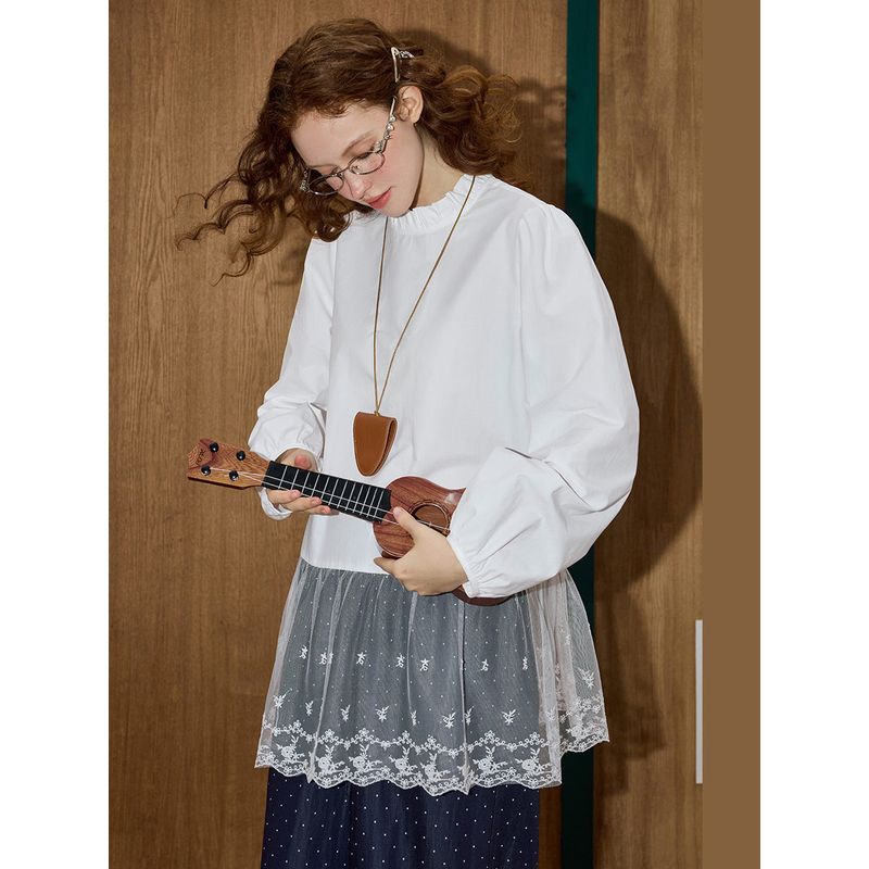 Coolhut French Sweet Lace Splicing Ruffled Long-Sleeved Loose Design 2025 Summer Women's Shirt
