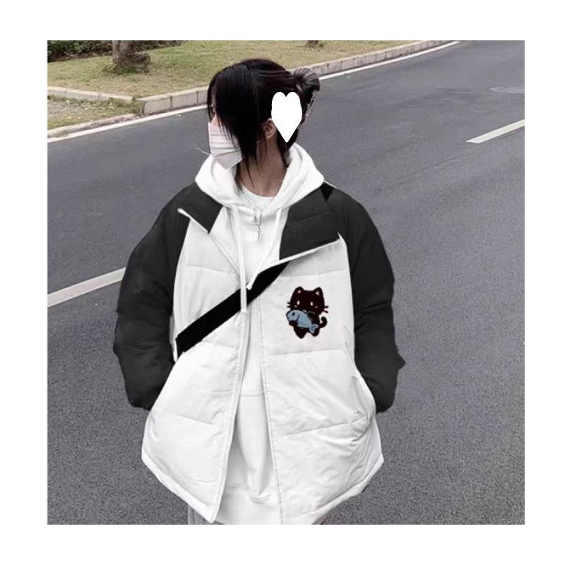 Women s Winter Raglan Sleeve Color Block Cotton Padded Jacket Large чёрный/белый