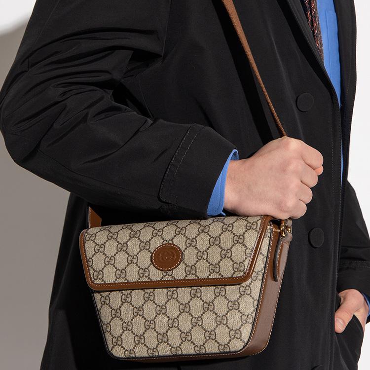 Gucci GG Supreme Retro Messenger Crossbody Bag Beige Canvas Brown Leather Gold Hardware Daily Use 715767-92THG-8563