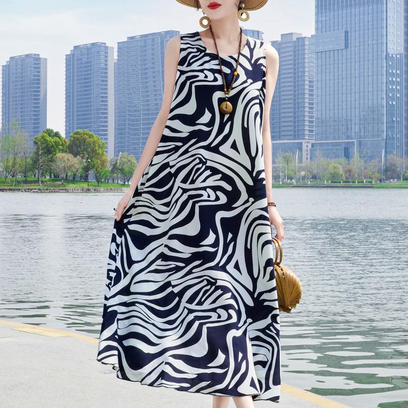 Elegant Sleeveless Dress Summer Fashion Casual Loose Vintage Print Long Dresses for Women Summer Clothes