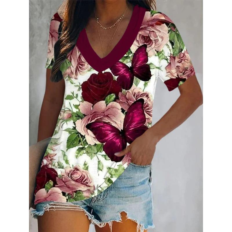 3D Printed Short Sleeve Butterfly Floral Print Women's V-Neck T-Shirt Summer Loose Women's Casual Short Sleeve Top