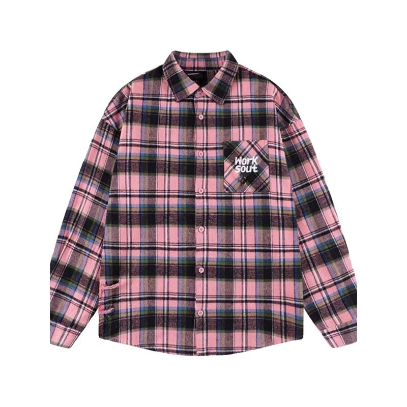 Women's Pink Plaid Embroidered Shirt Jacket - Autumn/Winter Small Size Loose Fit Casual Outerwear
