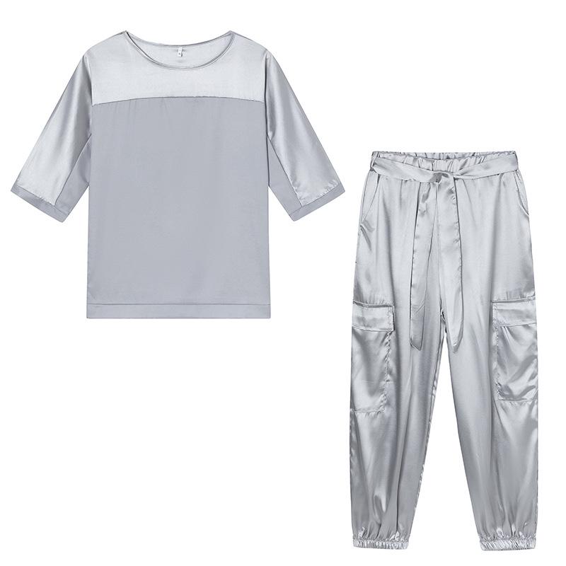 

Женский повседневный костюм-двойка: европейский и американский атласный топ с рукавом до локтя и брюки, 2024 год. M серый