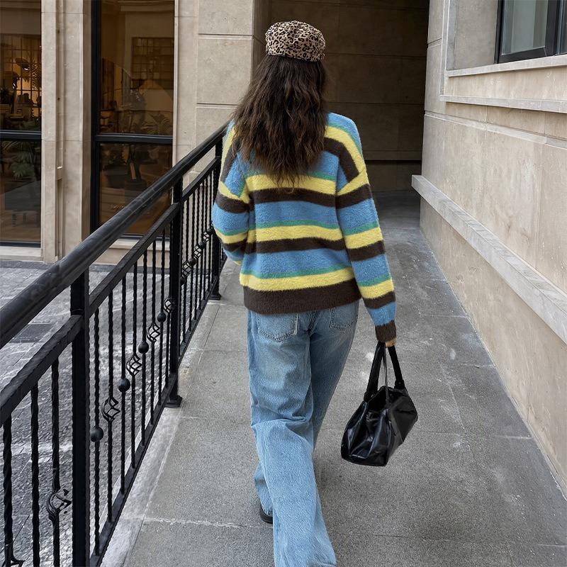 Women S Blue Round Neck Striped Knitted Sweater Casual Commute Style