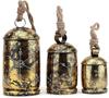 Handmade Decorative Hanging Bells, Artisan Iron Wind Chime Set of 3 for Home Decoration, Unique Hand-Painted Metal Ornaments with Jute Rope