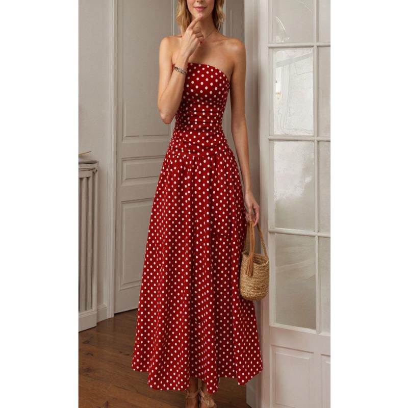 Women Retro Polka Dot Strapless Slim Fit A Line Long Dress