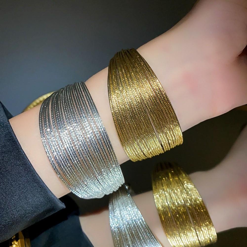 Multi Layer Lines Metal Wide Opening Bangle Exaggerated Opening Irregular Wide Bracelet Greek Style Jewelry Accessories