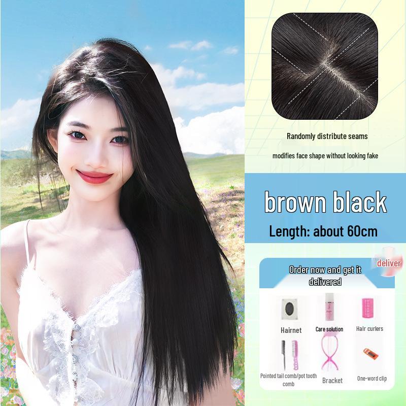 Schwarze lange gerade Perücke im koreanischen Stil mit Mittelscheitel und Pony - Vollkopfbedeckung für Damen