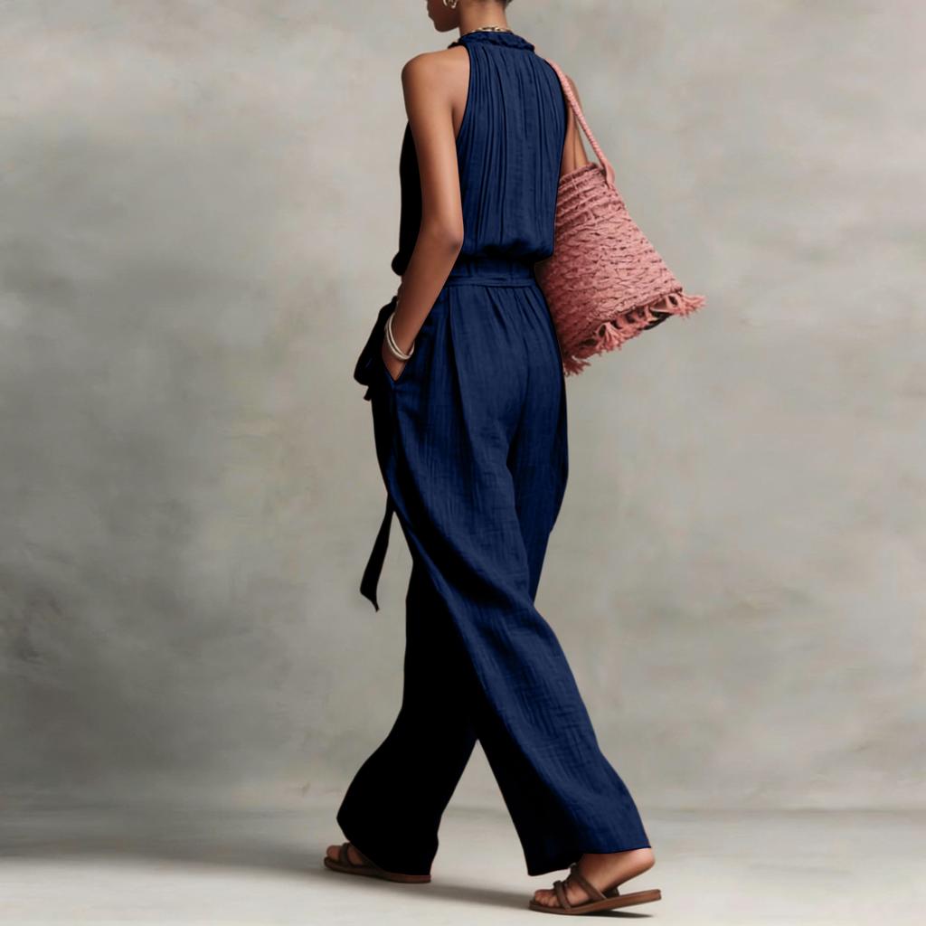 Sleeveless Neck Wide Leg Jumpsuit with Adjustable Waist Tie and Pleated Detailing for Women Casual Style