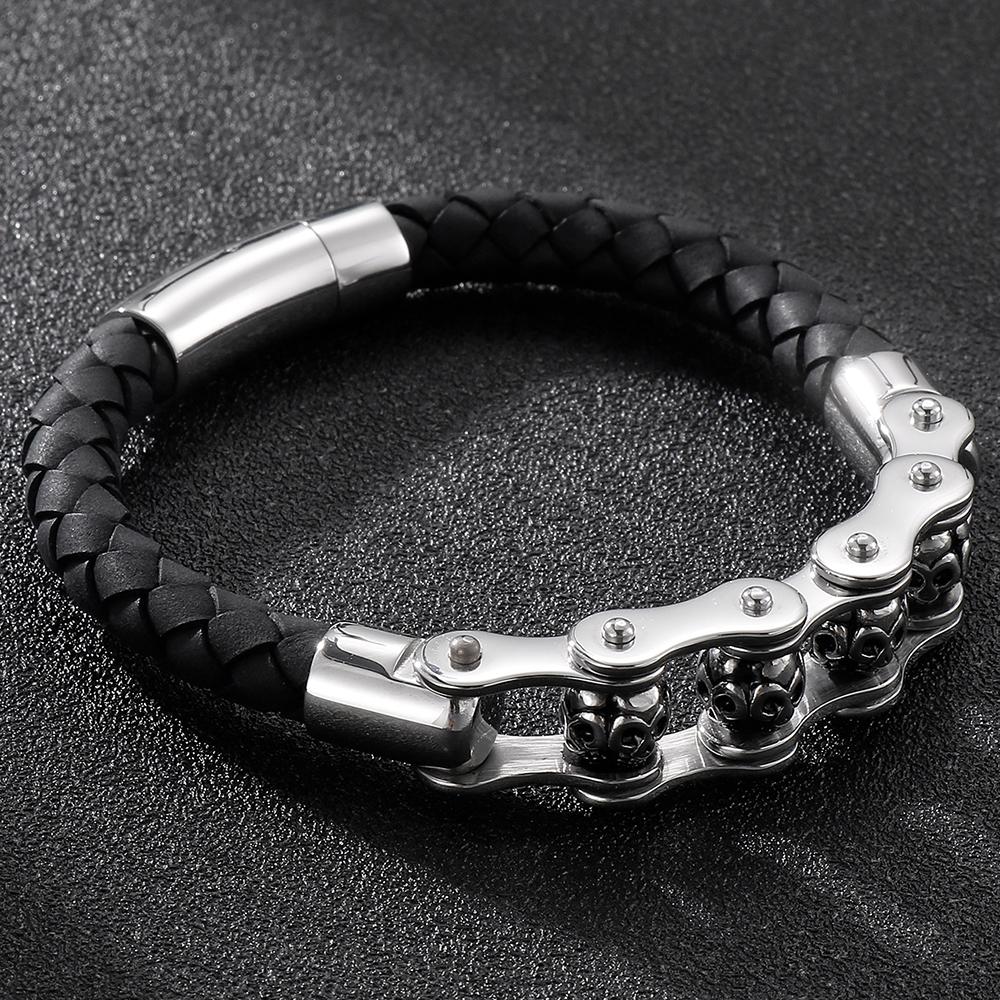 Rotatable Relieve Stress Skull Head Beads Bracelets for Man Punk Gothic Stainless Steel & Leather Motorcycle Biker Jewelry Gifts