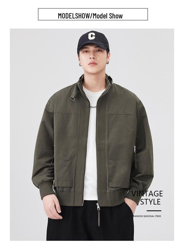 Męska kurtka robocza w stylu amerykańskim z kołnierzem stojącym - Jesienna modna luźna kurtka typu pilot