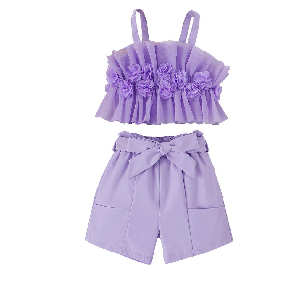 Girls Elegant Set Spring Summer Children Flower Halter Top Shorts Fashion Set