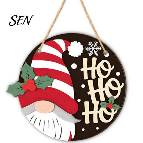 Festive Front Door Signs 2D Christmas Wooden Hanger Ornaments, Santa Snowman Reindeer Welcome Wall Xmas Hanging Decor Sign, Rustic Farmhouse