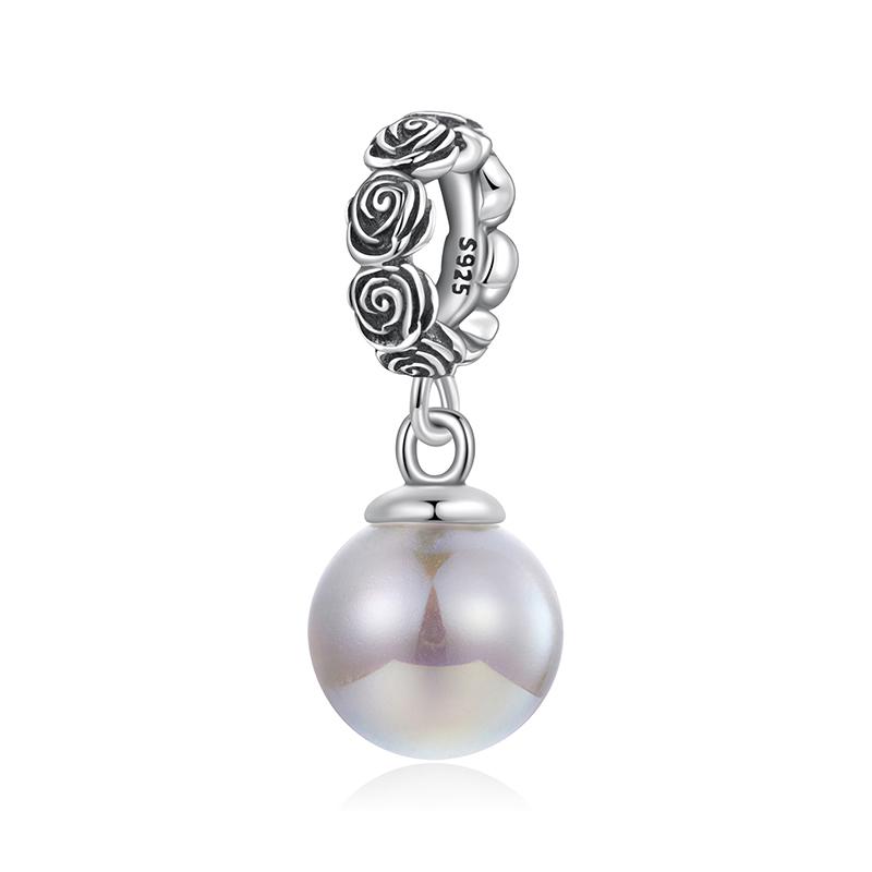 WOSTU 925 Silver Vintage Gothic Black Rose Flower Heart Beads, Retro Pearl Pendant Rainbow Charms Fit DIY Jewelry Make