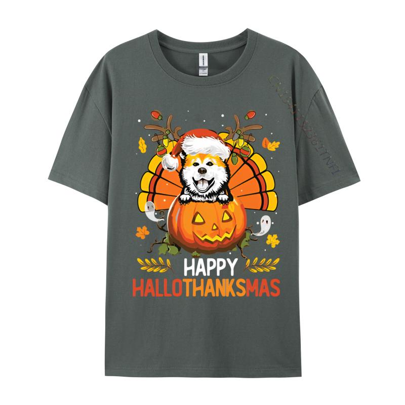 Akita Inu Happy Hallo Thanksmas Hallo Anime T Shirt Novelty Fitted Men T Shirt Print Cotton Grey Shirt Graphic Tee
