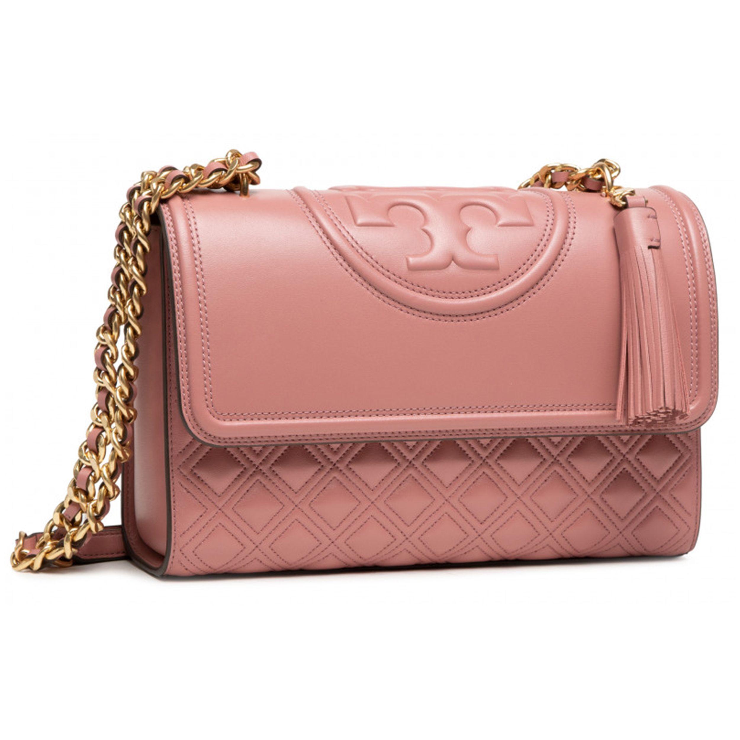 

Tory Burch TB Fleming Diamond Quilted Embossed Print Tassel Pendant Woven Chain Flap Leather Crossbody Shoulder Bag Large Women Bags Pink 76997-651 Basic Set (Bag+Dust Bag)