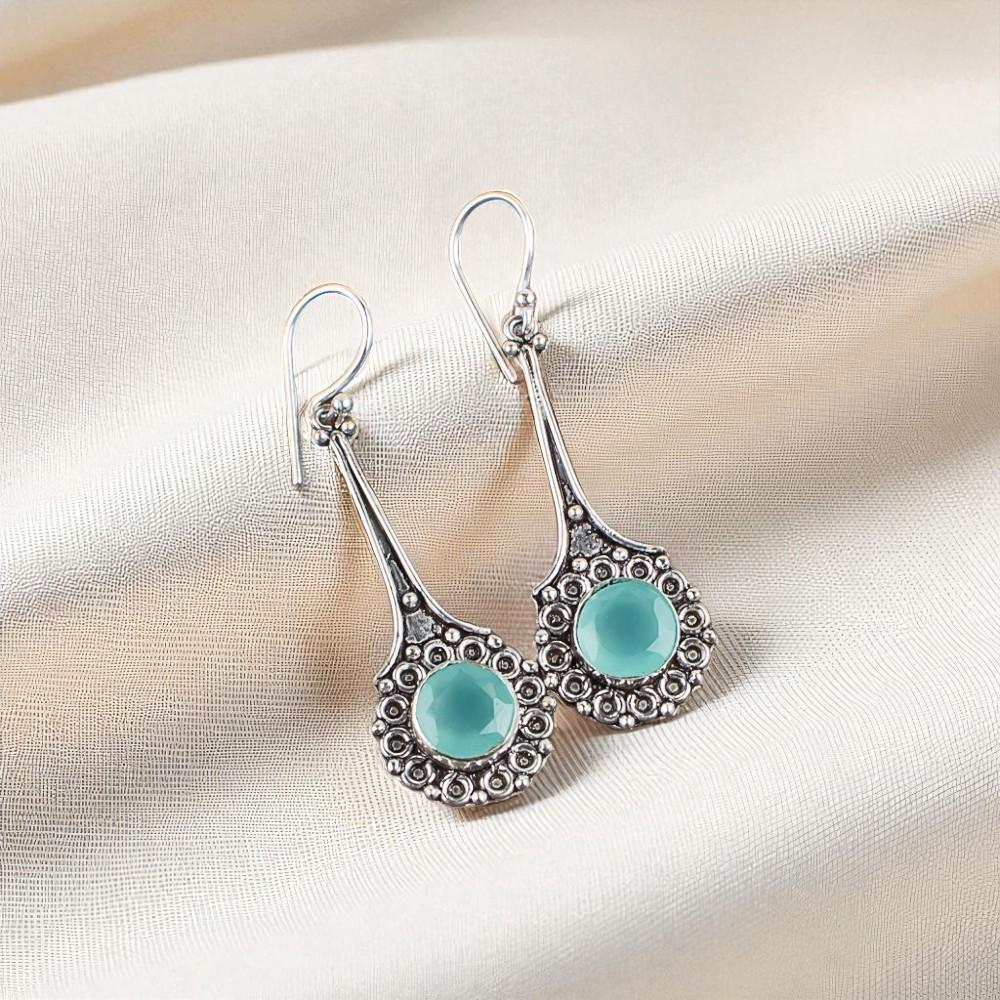 Aqua Chalcedony Gemstone 925 Sterling Silver Jewelry Handmade Earrings 2.52" EE-77-16
